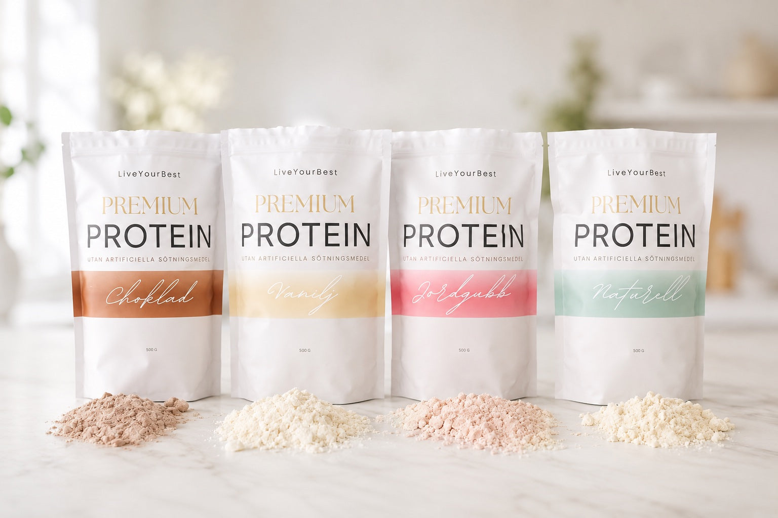 LiveYourBest Premium Protein — alla fyra smaker: Choklad, Vanilj, Jordgubb och Naturell