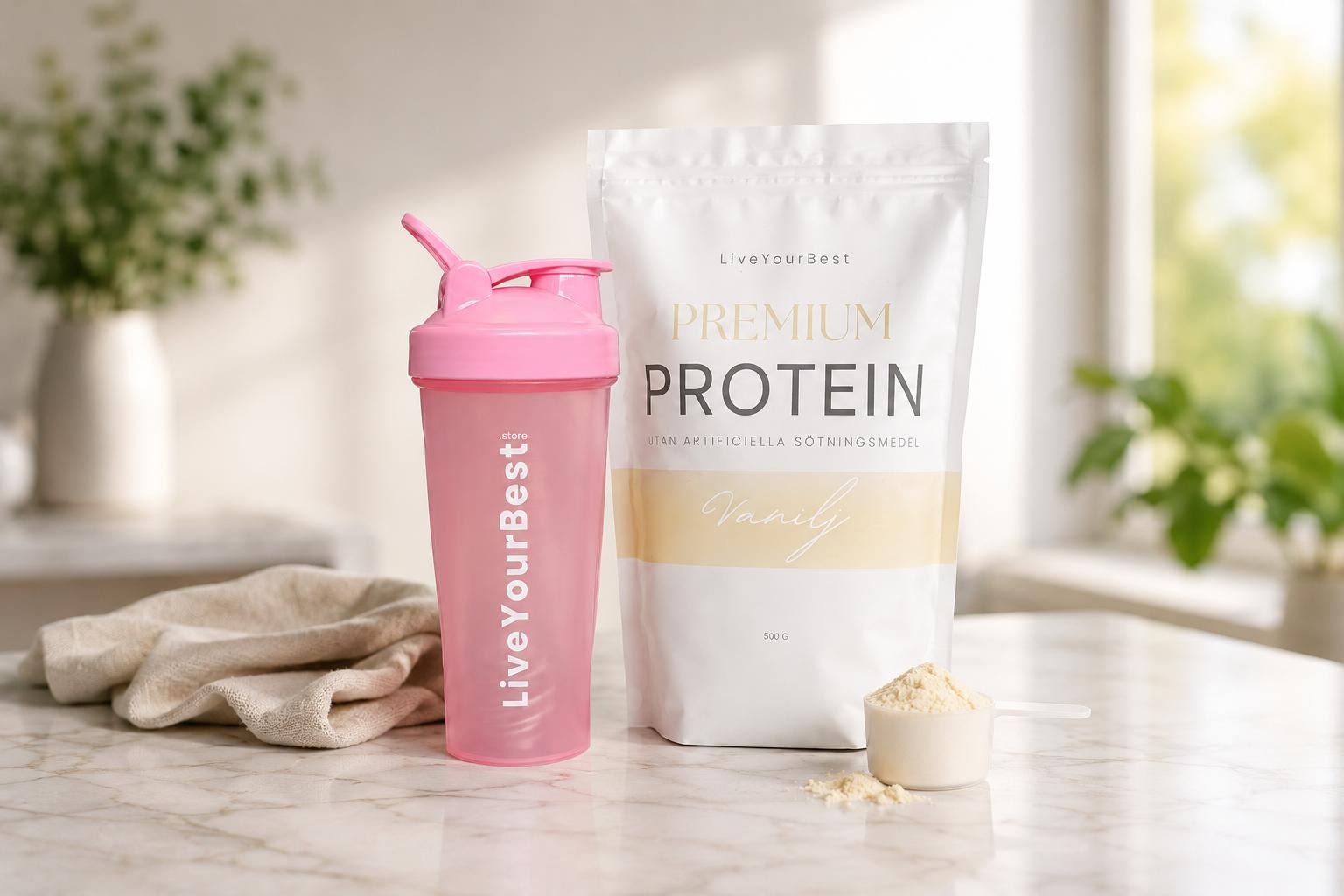 LiveYourBest Premium Protein Vanilj med shaker och mätskopa på en marmorbänk